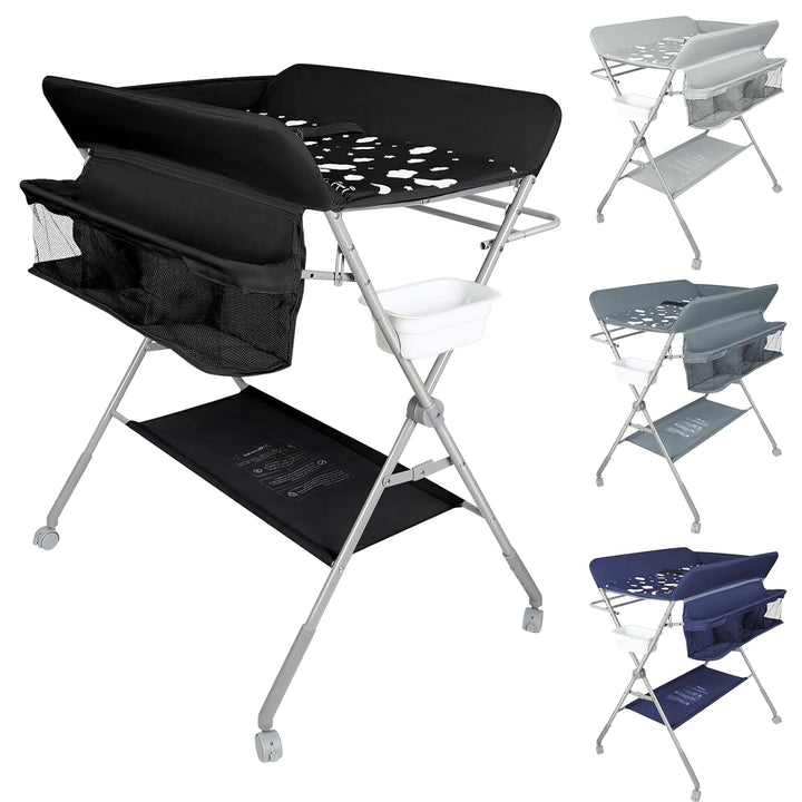 Baby Klappbarer Wickeltisch，Mobiler Wickeltisch mit Rollen und Wickelauflage,Wasserdicht und Höhenve