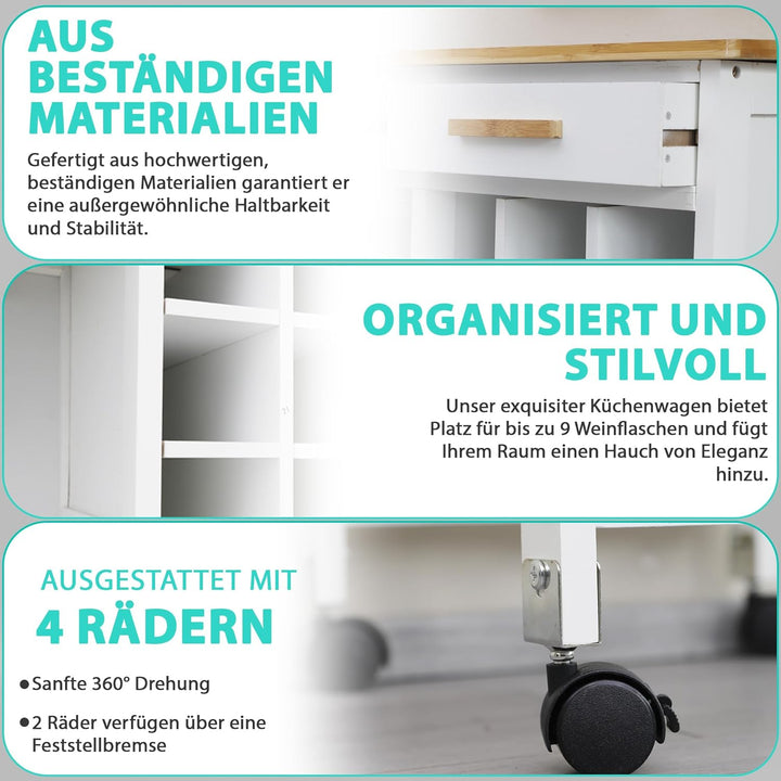 DRULINE Servierwagen Beistellwagen 40x75x92,5 cm, Multifunktionaler Küchentrolley mit Extra viel Sta