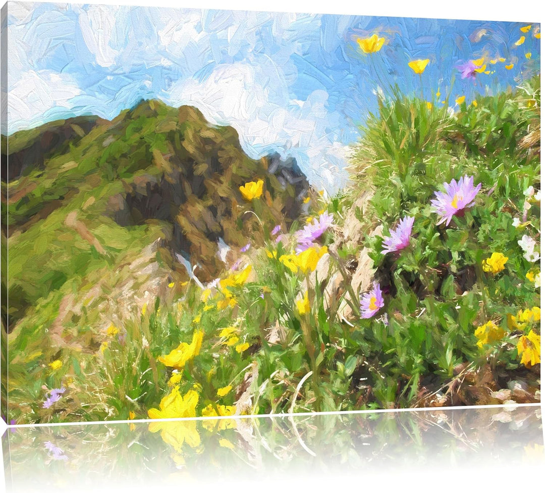 Pixxprint Bergwiese im Frühling als Leinwandbild/Grösse: 100x70 cm/Wandbild/Kunstdruck/fertig bespan