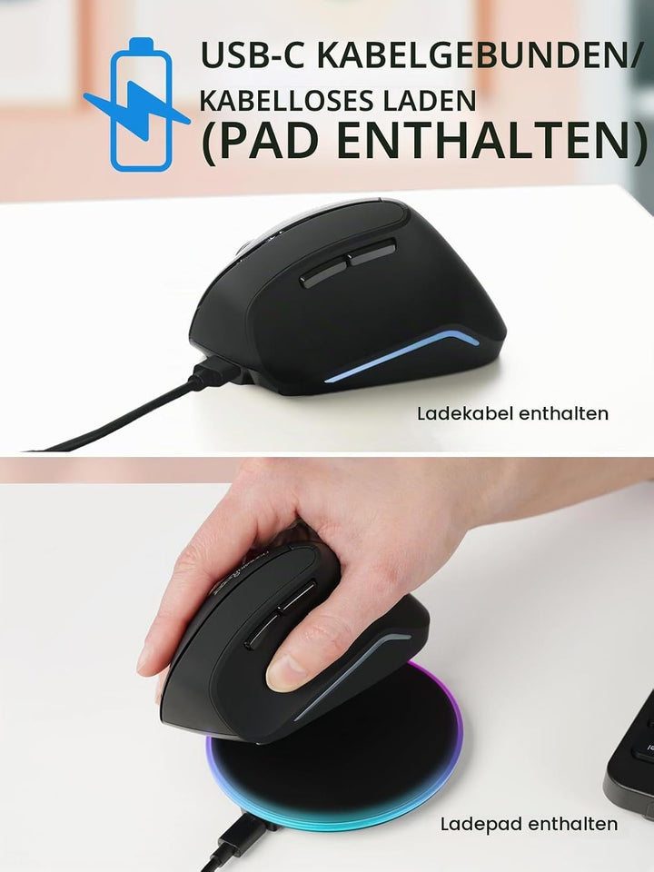 Perixx PERIMICE-715RX Kabellose Wiederaufladbare Vertikale Maus – Duale Ladefunktion (Kabel &amp; Wirele