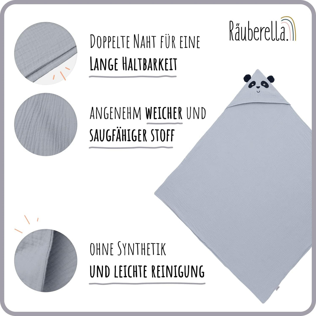 Räuberella® Panda-Kapuzenhandtuch Baby in Blau I 80x80cm I Musselin-Badetuch-Baby aus 100% Bio-Baumw