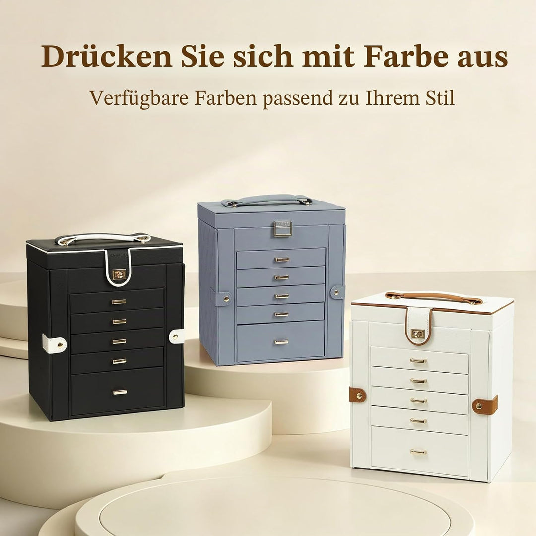 KAMIER Schmuckkästchen für Damen, grosse Schmuckschatulle mit 6 Ebenen, Schmuckbox mit Spiegel und 5