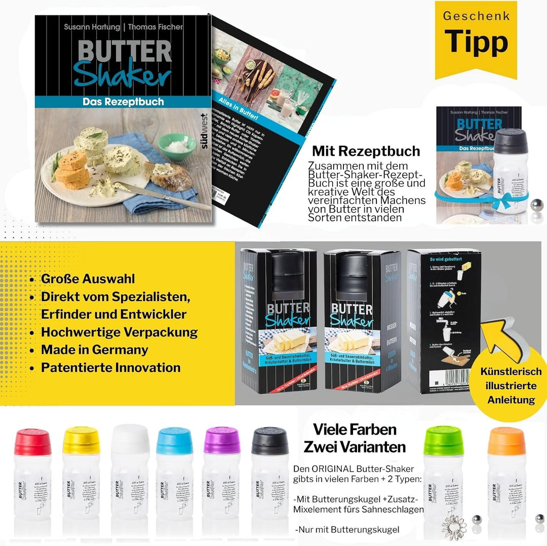 Butter Machen im patentierten Butter-Shaker. 200 ml Sahne ergeben 75g Butter + 125 ml Buttermilch. E