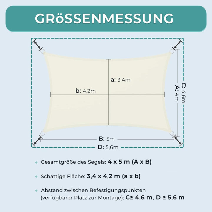 Dripex Sonnensegel wasserdicht Sonnenschutz Set 4X5 m inkl Befestigungsseile Rechteckig Polyester Im