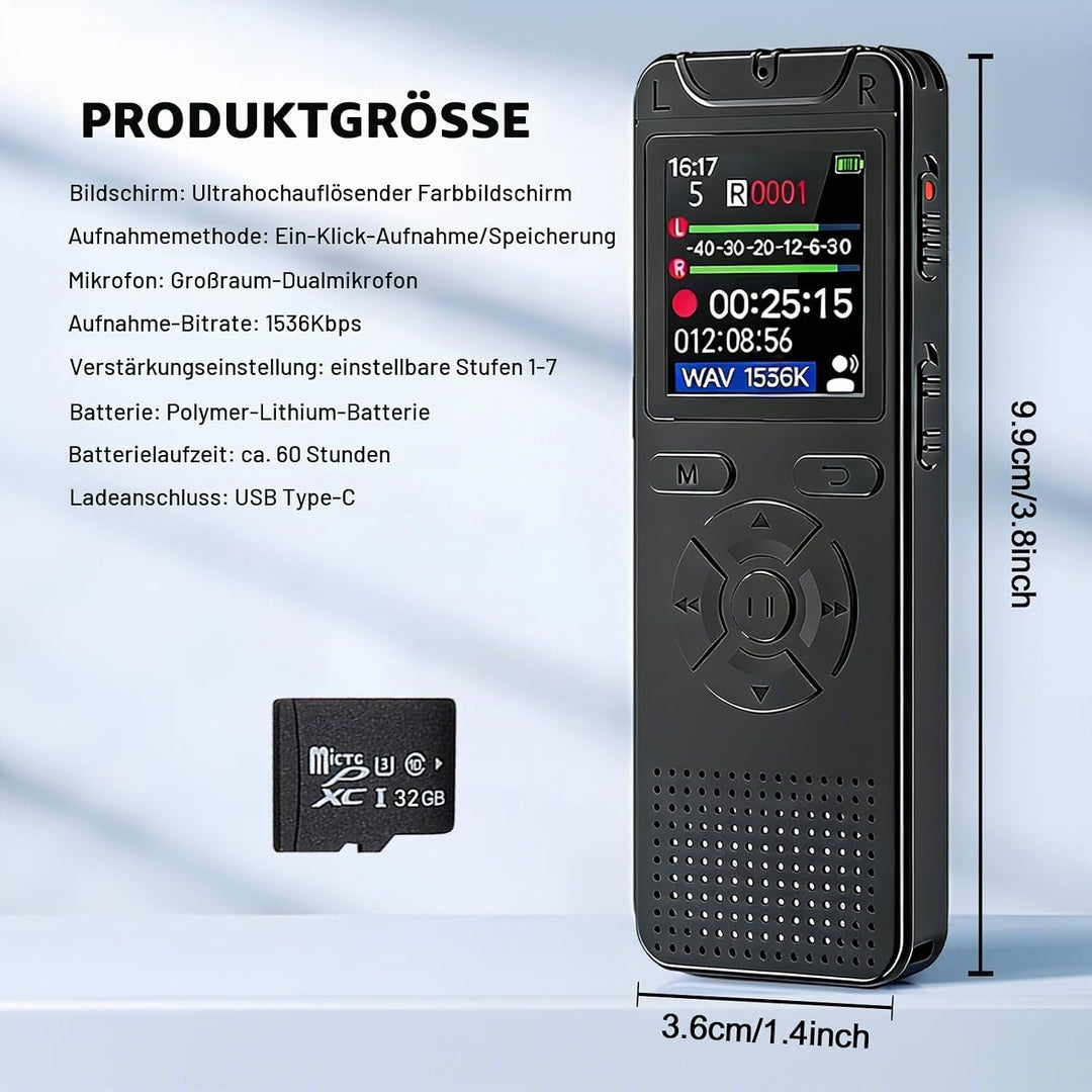Diktiergerät Aufnahmegerät mit Playback 32GB, 1536Kpbs Stunden Audioaufnahmegerät MP3 Voice Recorder