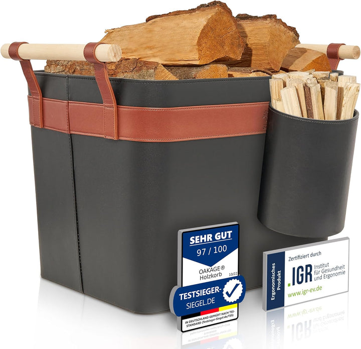 OAKAGE® Holzkorb für Kaminholz Gross aus veganem Leder Kaminholzkorb Feuerholzkorb Brennholzkorb Kam