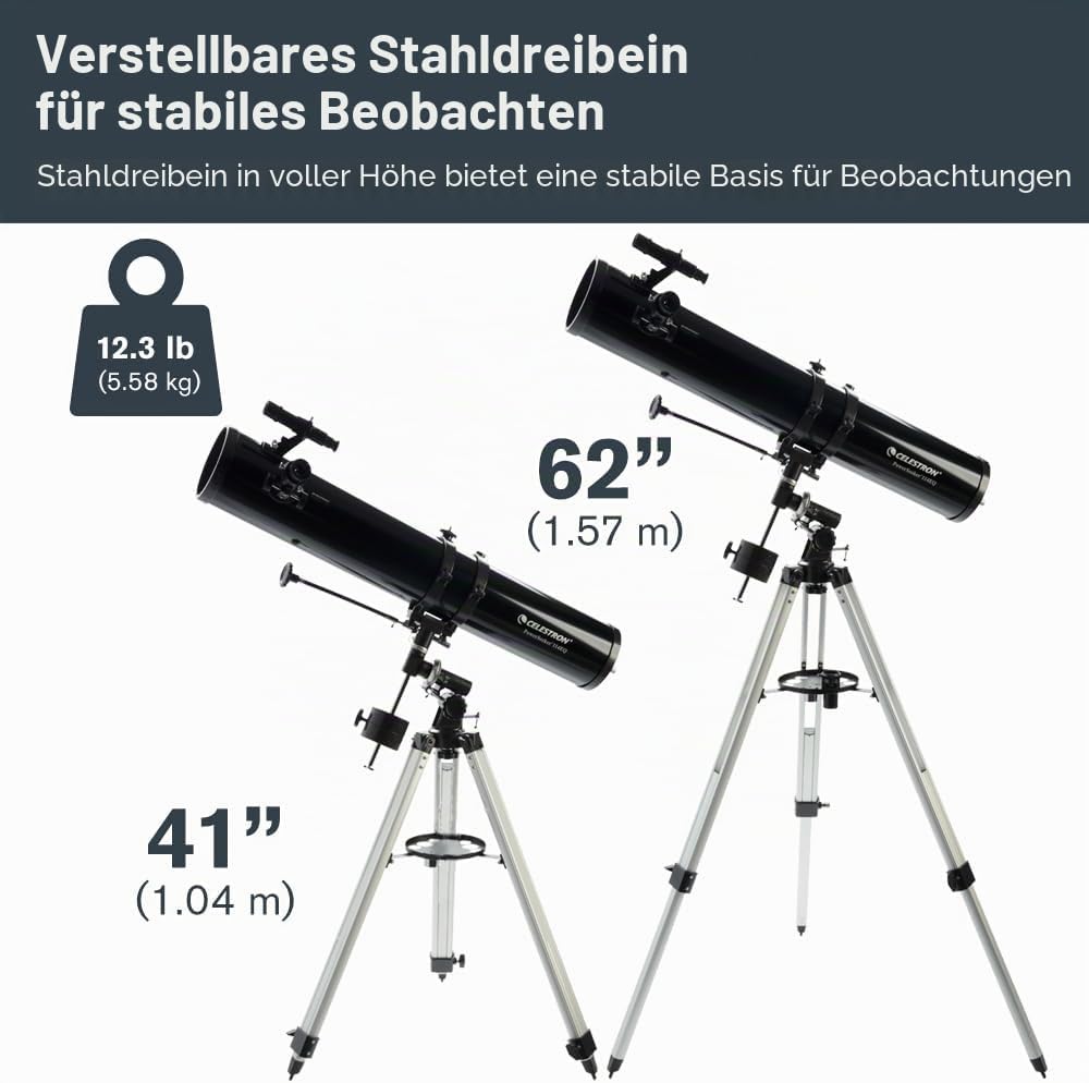 Celestron 21045 PowerSeeker 114EQ Spiegelteleskop - mit Zwei Okularen, Einer Barlow-Linse, höheneins