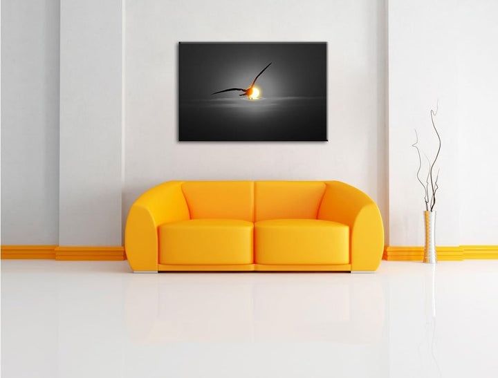 Pixxprint Möwe fliegt in den Sonnenuntergang als Leinwandbild | Grösse: 100x70 cm | Wandbild | Kunst