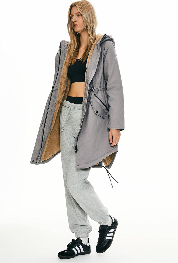 Orolay Damen Kapuzen Fleece Gefüttert Parka-Mantel Mittlere Länge Winter Draussen Gepolstert Jacke X