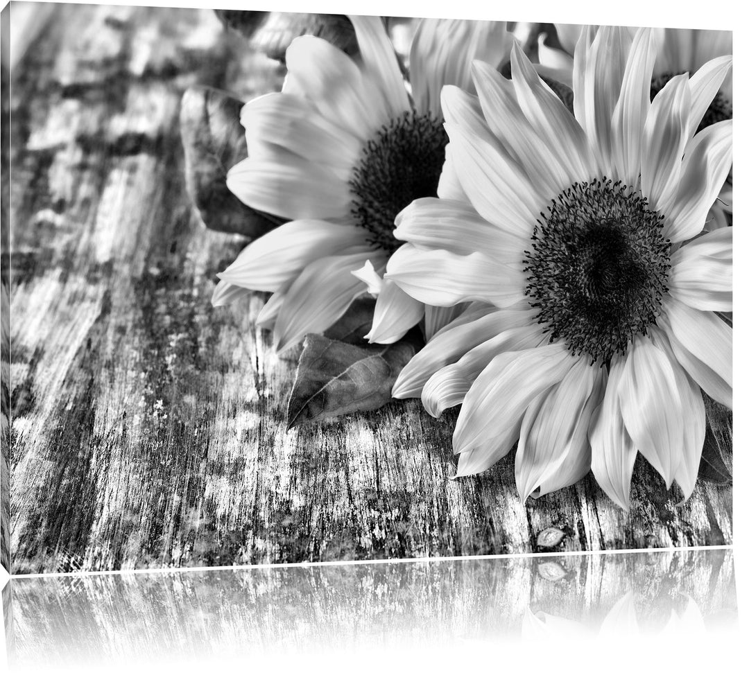 Pixxprint Sonnenblumen auf Holztisch als Leinwandbild/Grösse: 100x70 / Wandbild/Kunstdruck/fertig be