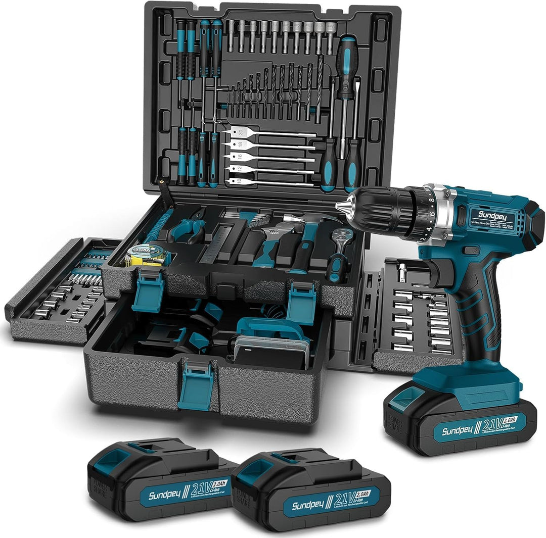 Werkzeugkoffer 255 tlg mit Akkuschrauber 21V - Sundpey Akkuschrauber Set mit 2 * 2000mAh Akku Werkze