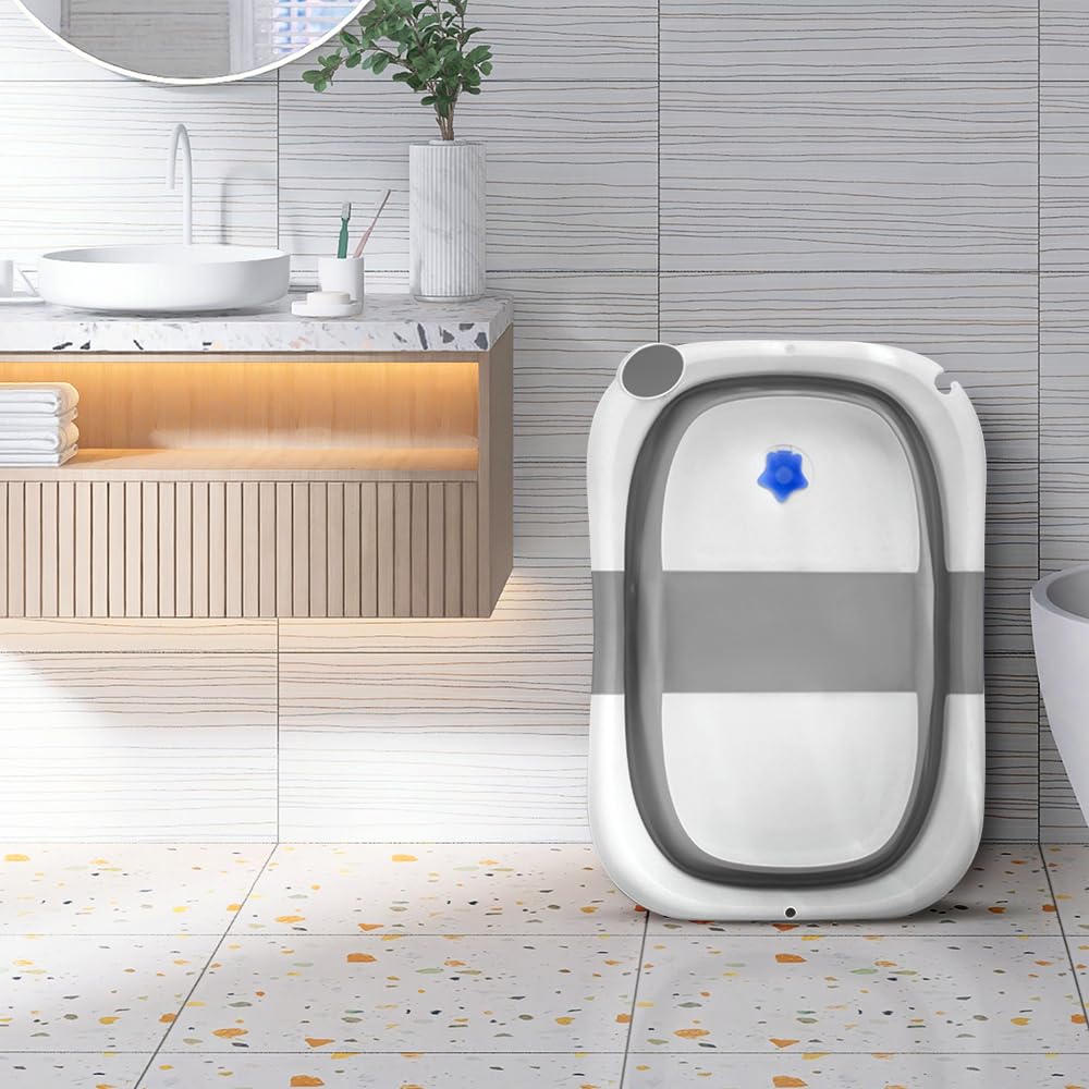 OHMG Faltbare Badewanne für Kinder, Babybadewanne, tragbar, multifunktional, grau, mit Ständer, mit