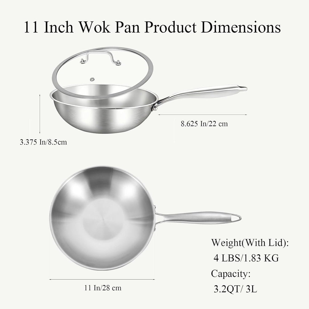 Inqibee Wokpfanne Edelstahl 28 cm mit Deckel, Unbeschichtete Wok Pfanne für Induktion &amp; Gasherd, Ede