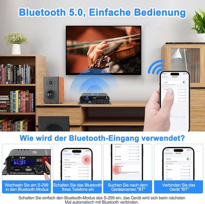 S-299 4.1-Kanal HiFi Verstärker, RMS 40Wx4+50W Bluetooth Mini Audio Verstärker Max. 800W Leistung Pa