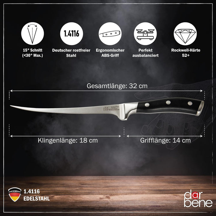 DarBene C-Series 3teilig Profi Küchenmesser aus deutschem Edelstahl, Filetiermesser 18cm, Chefmesser