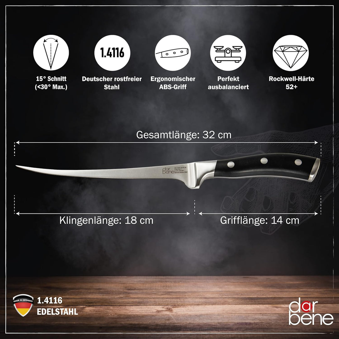 DarBene Filetiermesser C-Series 18cm Profi Küchenmesser aus deutschem Edelstahl, biegsam und flexibe