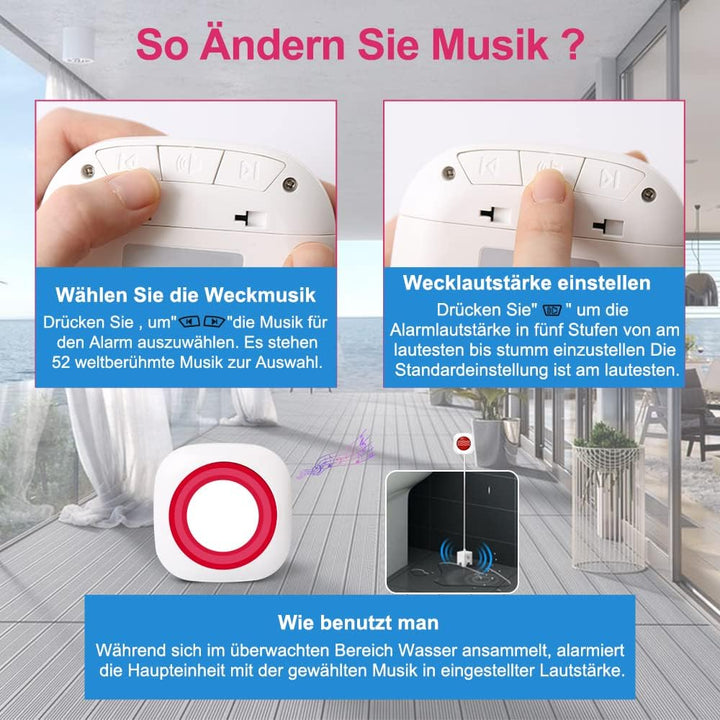 Drahtlos Wassermelder Wassersensor Wasser Alarm Sirene Kabellos mit Batterien (1x empänger+2X Wasser