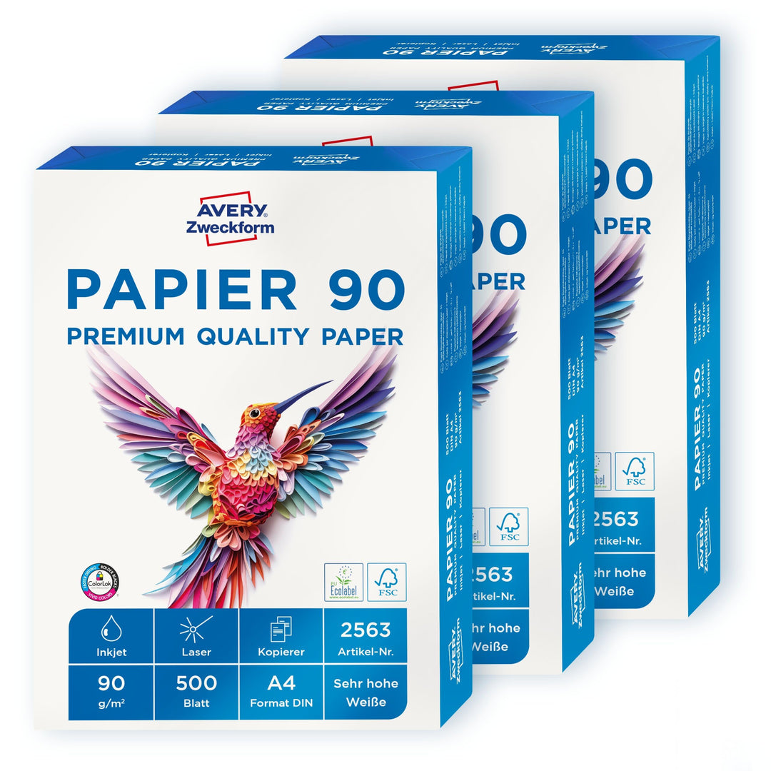 Avery Zweckform 2563 Drucker-/Kopierpapier (1.500 Blatt, 90 g/m², DIN A4 Papier, hochweiss, für alle