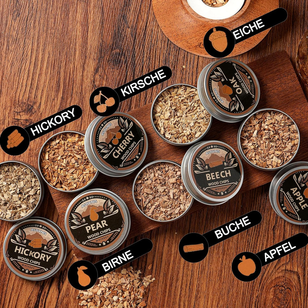 Whisky-Räucherset mit Fackel-6 Geschmacksrichtungen, Holzspäne, 2 Gläser, 6 Whiskysteine, Cocktail-R