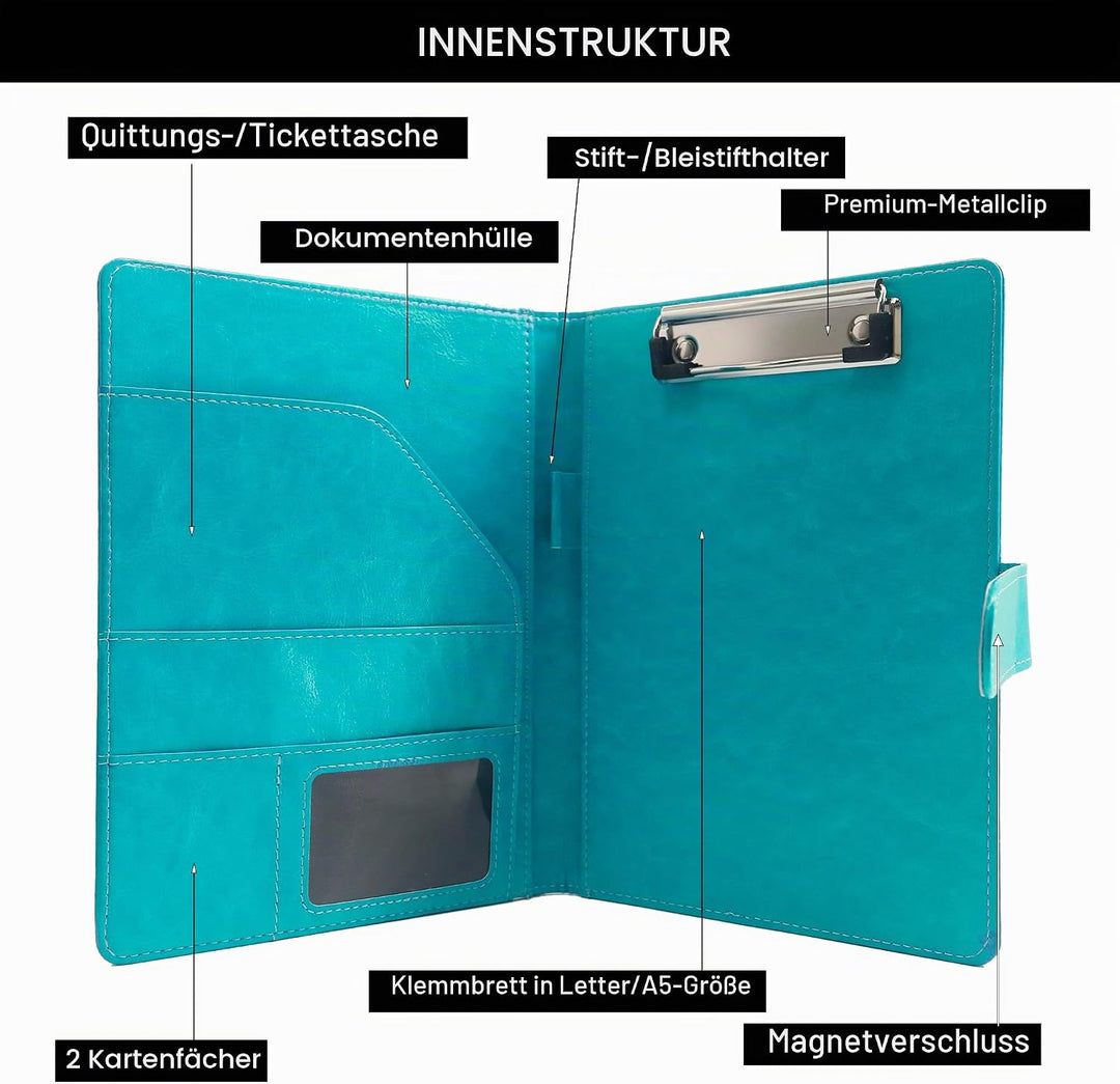 Schreibmappe A5 Klemmbrett Mappe mit Magnetischer Verschluss, organizer büro mappe, Türkis Ordner, D