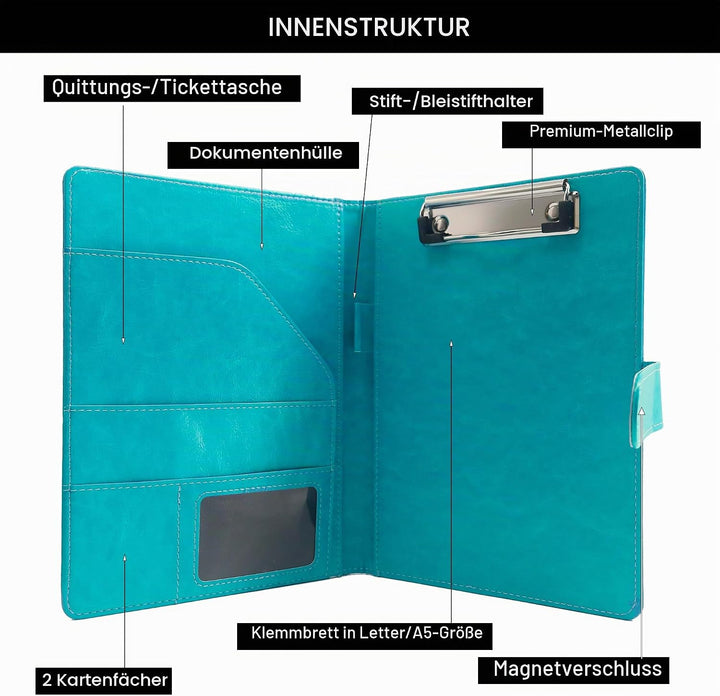 Schreibmappe A5 Klemmbrett Mappe mit Magnetischer Verschluss, organizer büro mappe, Türkis Ordner, D