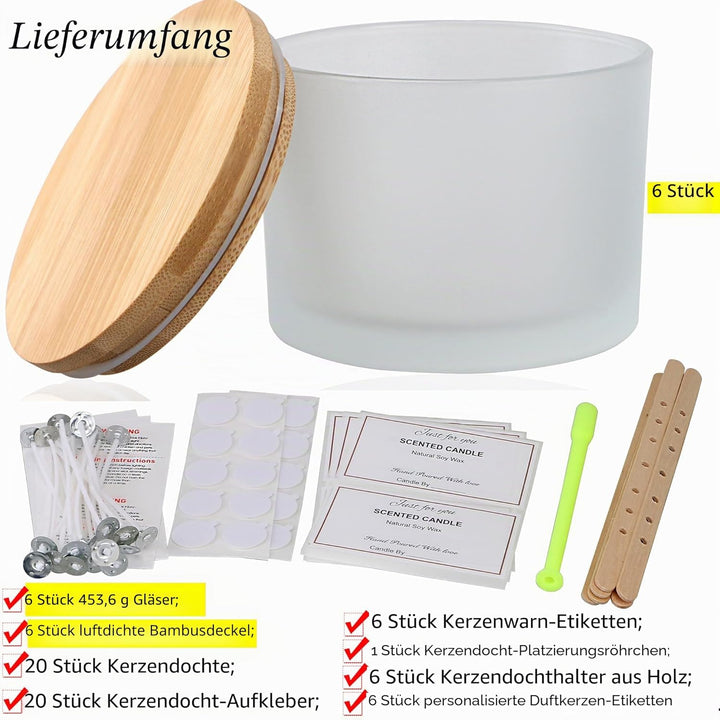 MILIVIXAY Packung mit 6 Kerzengläsern mit Bambusdeckeln und Kerzenherstellungs-Kits, Kerzenglas mit
