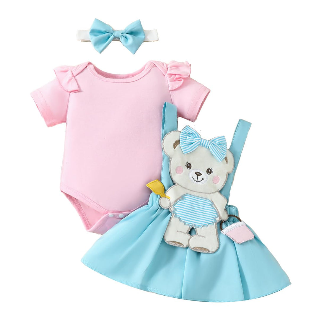 Neugeborenes Baby Mädchen Röcke Sets Kurzarm Rüschen Top + Bedrucktes Overalls Hosenträger Kleid + S