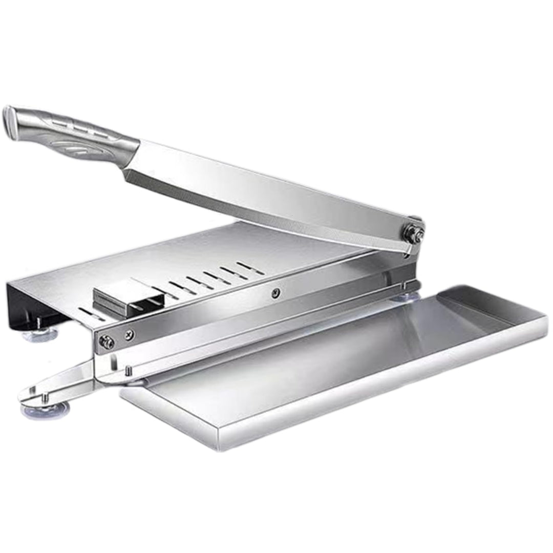 Fleischschneider – manueller Knochenschneider aus Edelstahl mit Skala und Tablett, rutschfester Grif