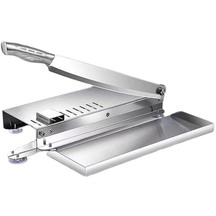 Fleischschneider – manueller Knochenschneider aus Edelstahl mit Skala und Tablett, rutschfester Grif
