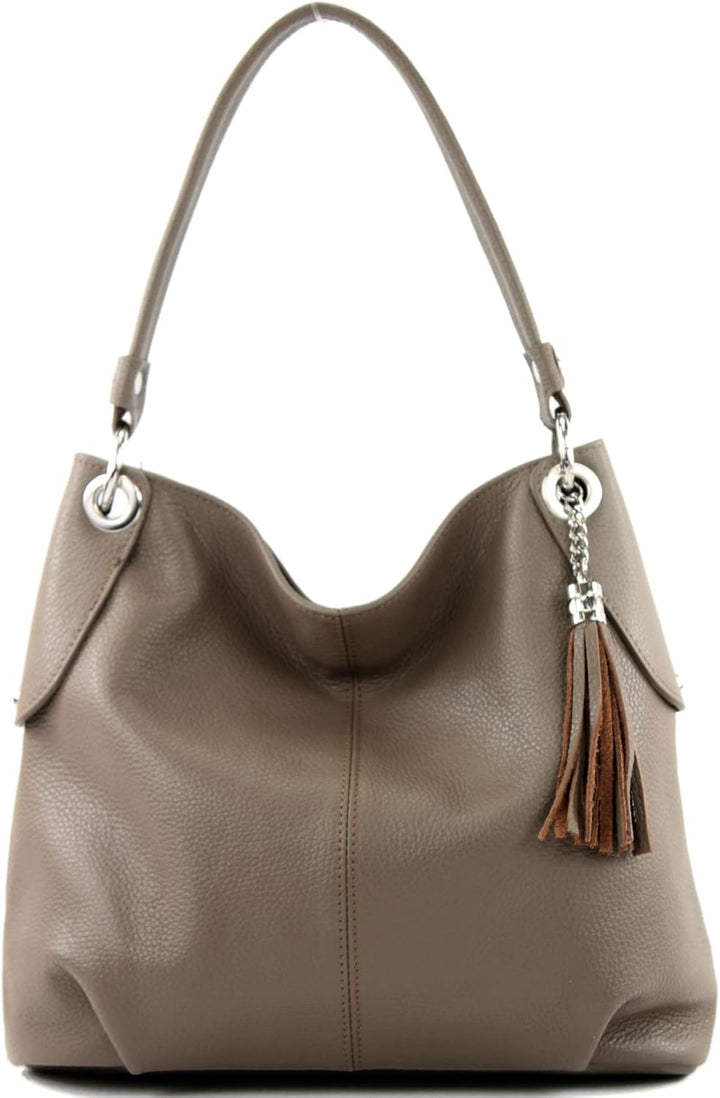 modamoda de - T185 - ital. Damen Schultertasche aus Leder Taupe, Taupe