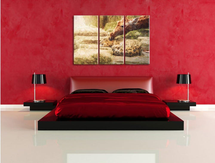 Pixxprint Leopard und Giraffe / 3-Teilig/Gesamtmass 120cm Leinwandbild bespannt auf Holzrahmen/Wandb