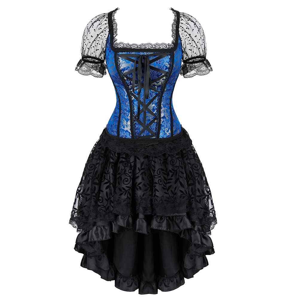 Damen Vollbrust Corsage Bluse Shirt mit Asymmetrischer Rock Tüll Tutu, Blau