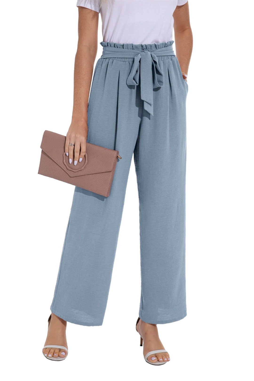 PrinStory Damen Hose Mit Weitem Bein Leichte Elastische Taille Sommer Hose Mit Taschen Kausale Arbei