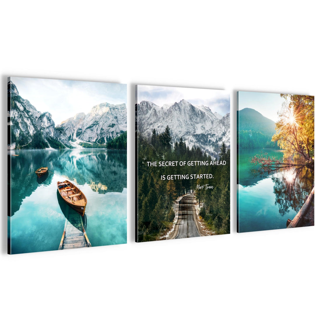 Novart Wandbilder Set Natur Berge - KOMPLETT AUFHÄNGFERTIG - Wohnzimmer Schlafzimmer Flur Deko - 3 M