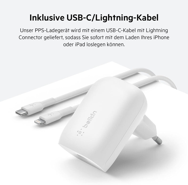 Belkin 30-W-USB-C-Ladegerät mit USB-C/Lightning-Kabel, PPS, PowerDelivery, USB-IF-zertifiziert PD 3.