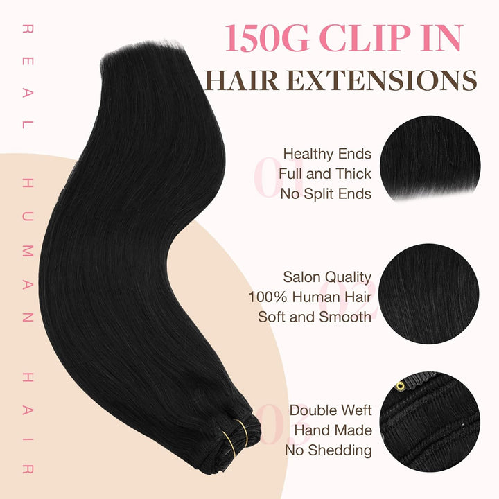 GOO GOO Clip in Extensions Echthaar, Echthaar Extensions Clip, 35cm 150g 9pcs, Extensions Echthaar,