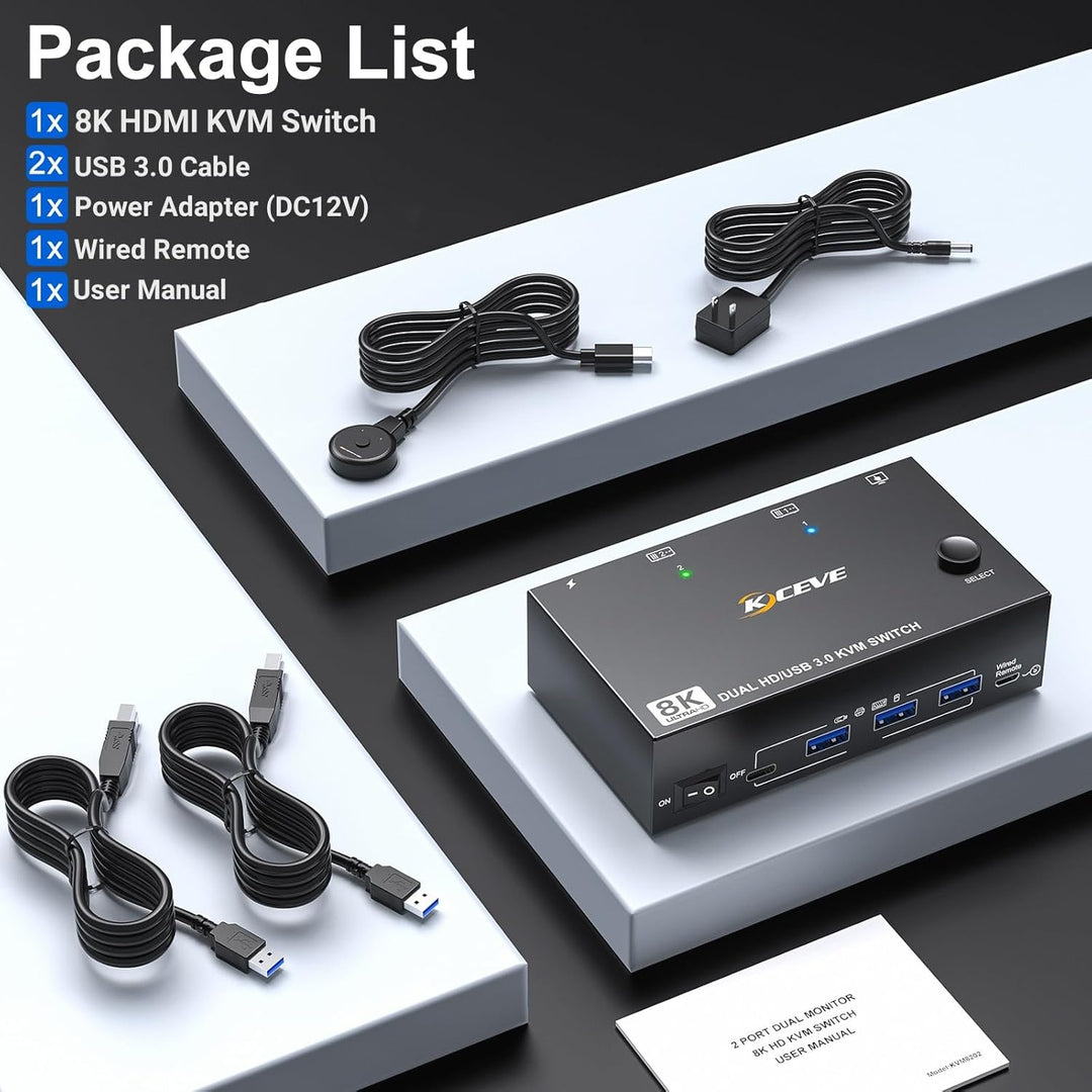 HDMI KVM Switch 2 PC 2 Monitore 8K@60Hz 4K@144Hz, Camgeet Dual Monitor KVM Switch für 2 PC teilen 2