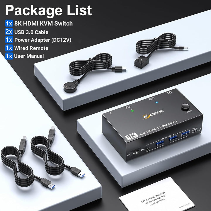 HDMI KVM Switch 2 PC 2 Monitore 8K@60Hz 4K@144Hz, Camgeet Dual Monitor KVM Switch für 2 PC teilen 2