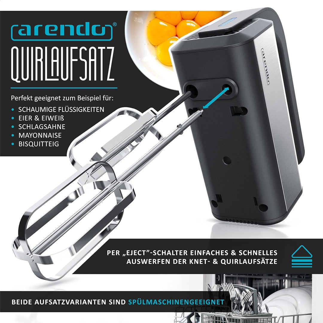 Arendo - Handmixer, Handrührer, 350 Watt, 2 Rührbesen, 2 Edelstahl-Knethaken, spülmaschinengeeignet,