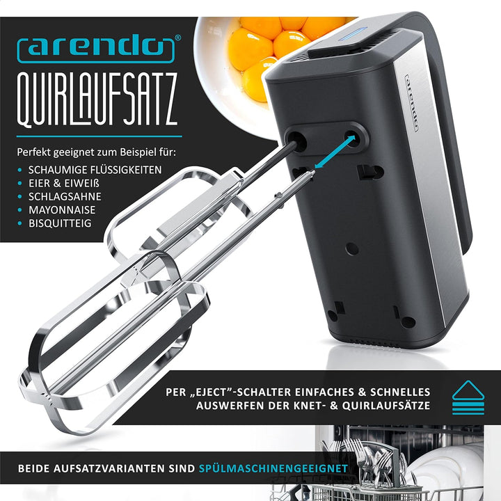 Arendo - Handmixer, Handrührer, 350 Watt, 2 Rührbesen, 2 Edelstahl-Knethaken, spülmaschinengeeignet,