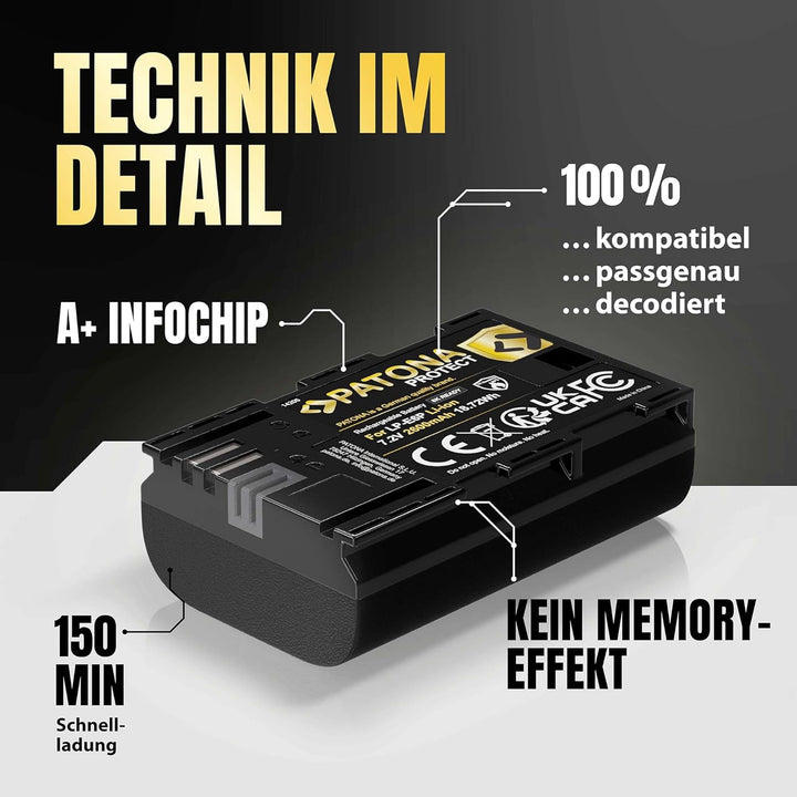 PATONA 2X Protect Akku Ersatz für Canon LP-E6P/E6NH/E6N 2600mAh 6A 8K-fähig | Ersatzakku für EOS R5