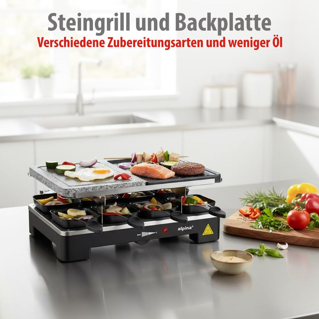 alpina Elektrogrill WJ-K202A - Tischgrill Elektrisch 1200W - Raclette 8 Personen mit 2 Lagen - mit 8