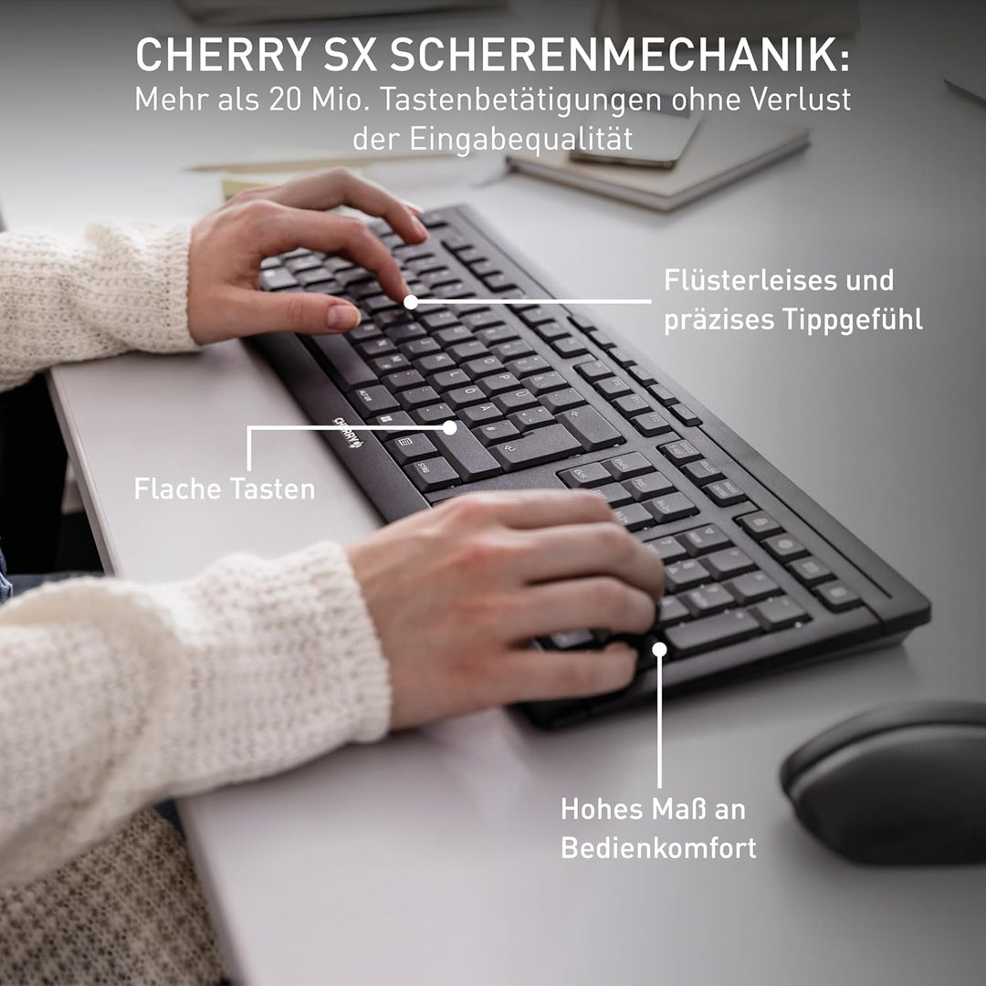 CHERRY Stream Desktop, Kabellose Tastatur und Maus, Deutsch QWERTZ, Schwarz, Schwarz