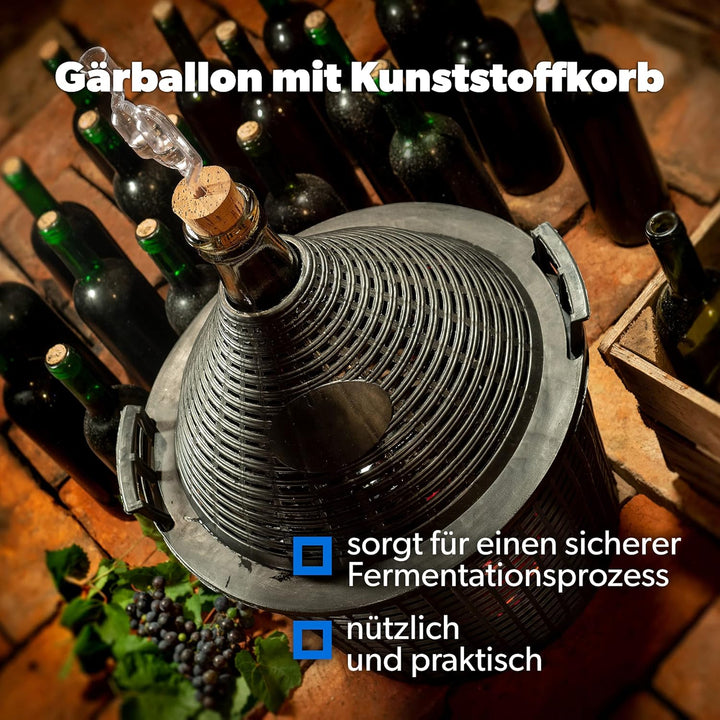 KADAX Glasballon, Gärballon mit Kunststoffkorb, Gummistopfen, schmale Öffnung, Weinballon, Flasche,