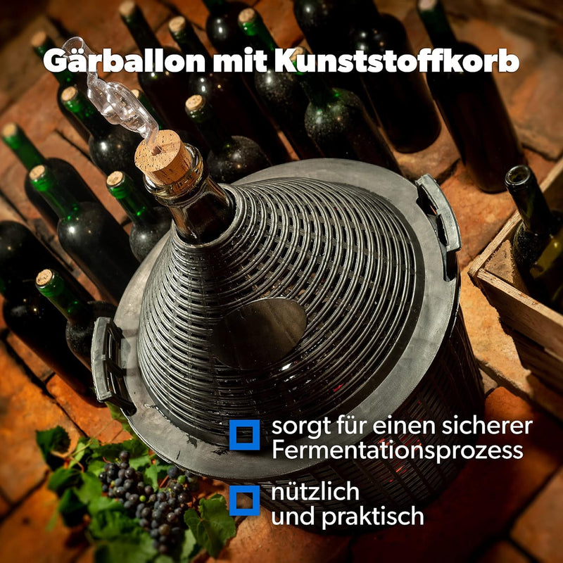 KADAX Glasballon, Gärballon mit Kunststoffkorb, Gummistopfen, schmale Öffnung, Weinballon, Flasche,