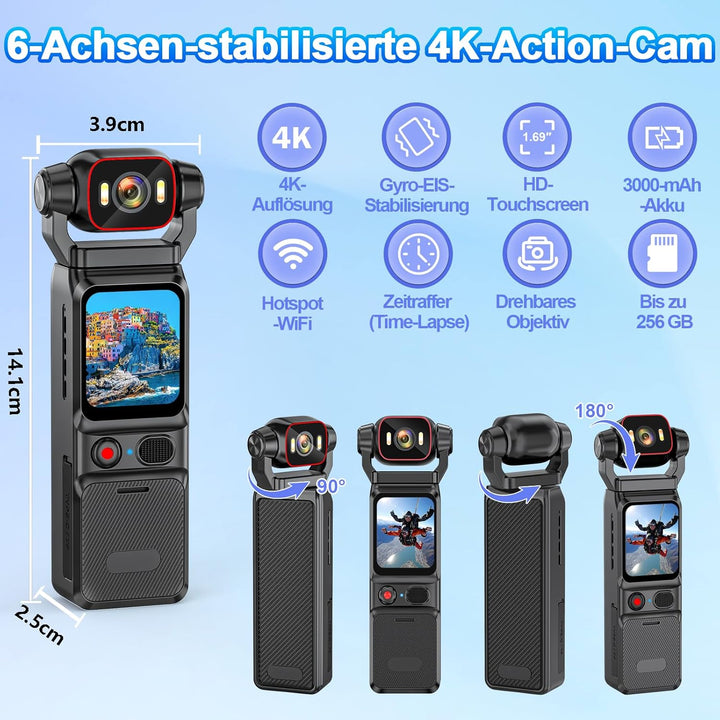 Action Cam 4K, 6-Achsen-Stabilisierung Videokamera Vlog, Live-View-Display Vlog Kamera WLAN, 160° We