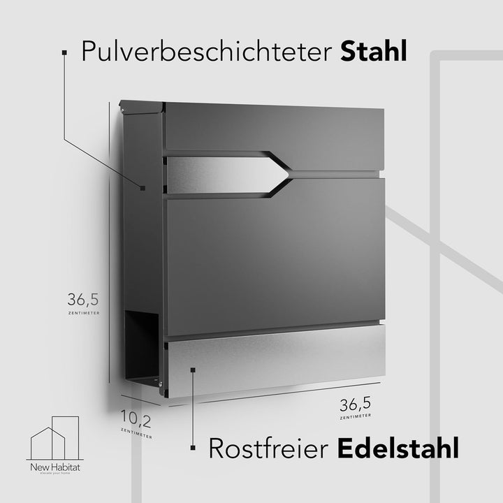Moderner Briefkasten Personalisierbar Sydney Anthrazit RAL7016 - mit Zeitungsfach - Wandbriefkasten