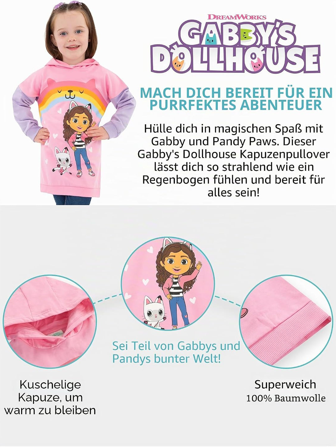 DreamWorks Hoodie Mädchen | Gabbys Dollhouse Kleidung | Kapuzenpullover Für Mädchen | Lange Hoodies