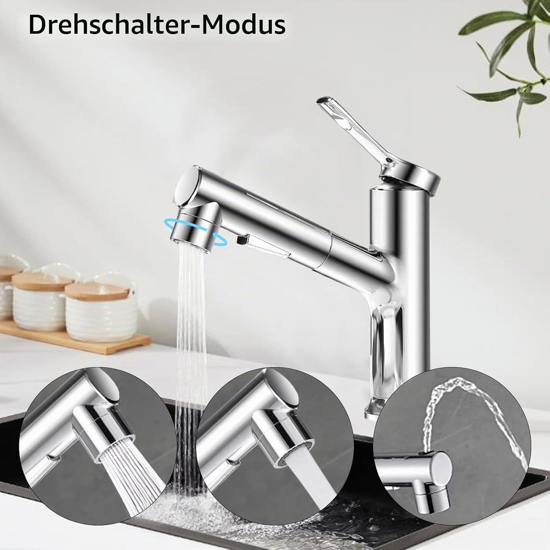 Waschtischarmatur mit Herausziehbarer Brause Wasserhahn Bad mit 3 Wasserstrahlarten Brause Kalt und