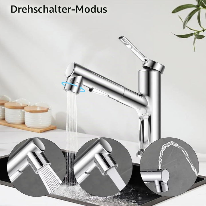 Waschtischarmatur mit Herausziehbarer Brause Wasserhahn Bad mit 3 Wasserstrahlarten Brause Kalt und